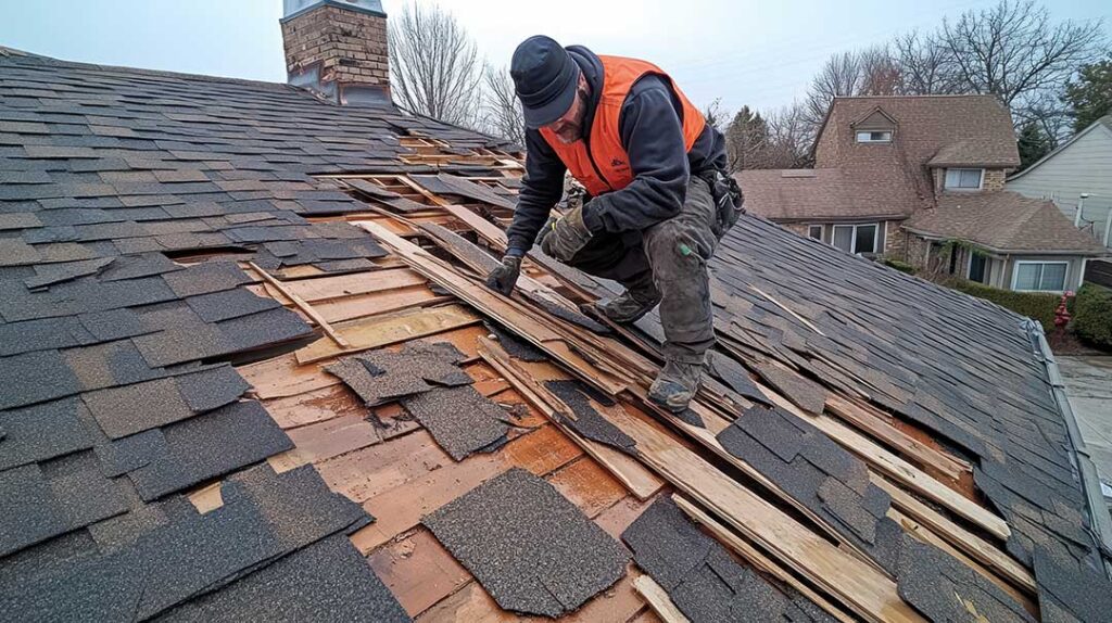 Inspector examines shingles and flashing beside a ladder while another person reviews roof photos.
