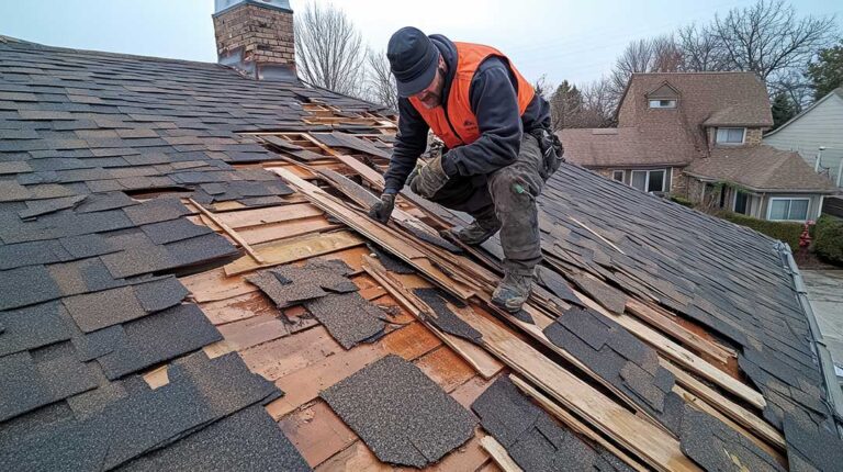 Inspector examines shingles and flashing beside a ladder while another person reviews roof photos.